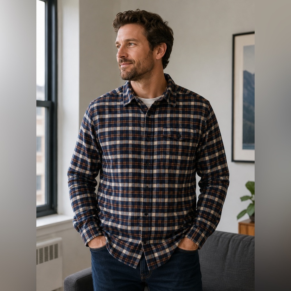 Patagonia Lightweight Fjord Flannel Plaid Button-Down Navy Brown Cream 54020